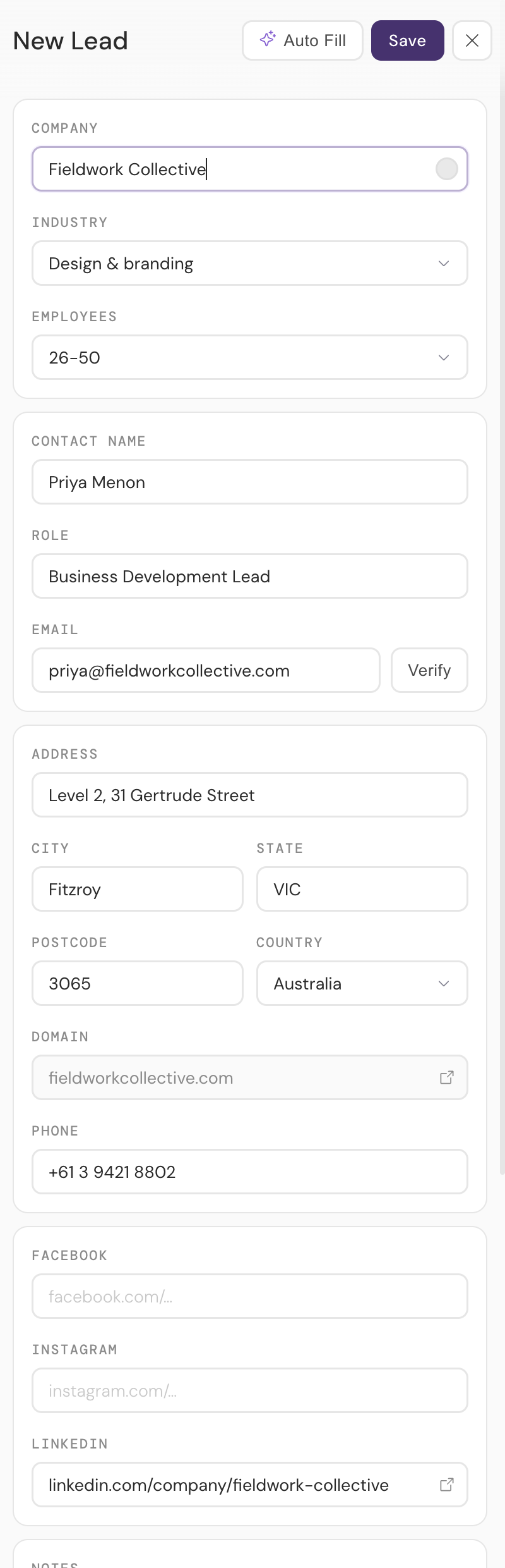 LeadGen's New Lead form filled by Auto Fill with company, industry, employees, contact name, role, email, address and social link fields