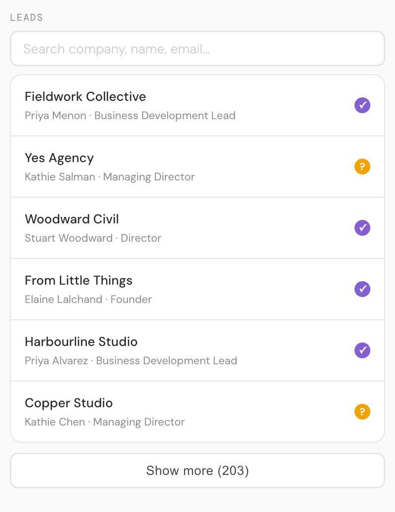 LeadGen's searchable lead list showing captured companies with contact names, roles and email verification status