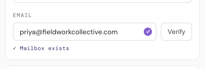 LeadGen's email field showing a purple verified tick and the verdict badge reading Mailbox exists